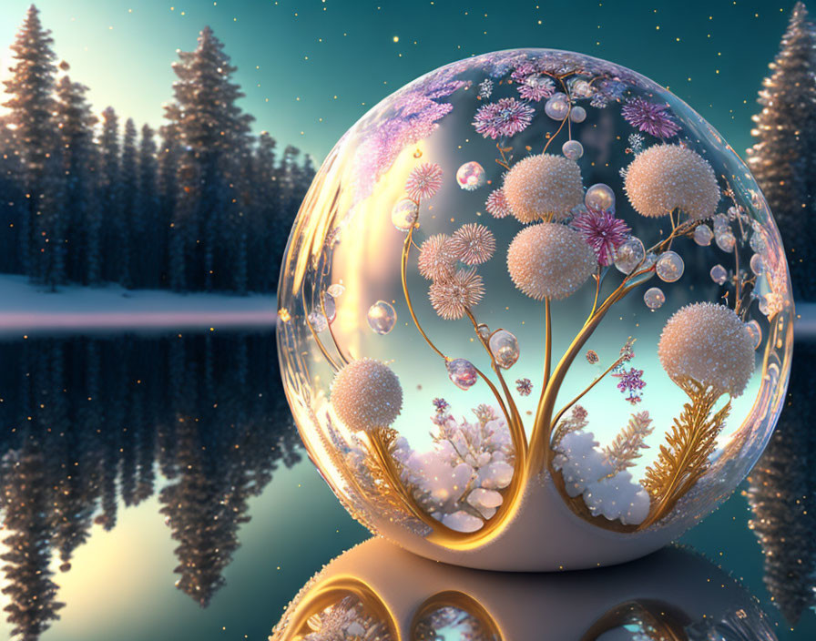 Snow-covered floral orb in serene winter landscape