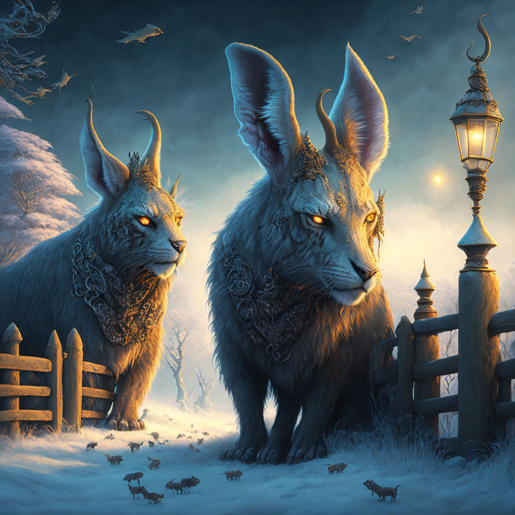 Majestic lynx-like creatures with ornate collars by lantern-lit fence at dusk