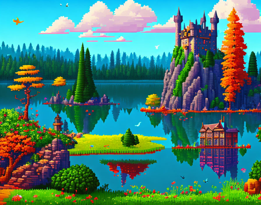 Colorful Pixel Art Landscape with Castle, Trees, Lake, and Birds