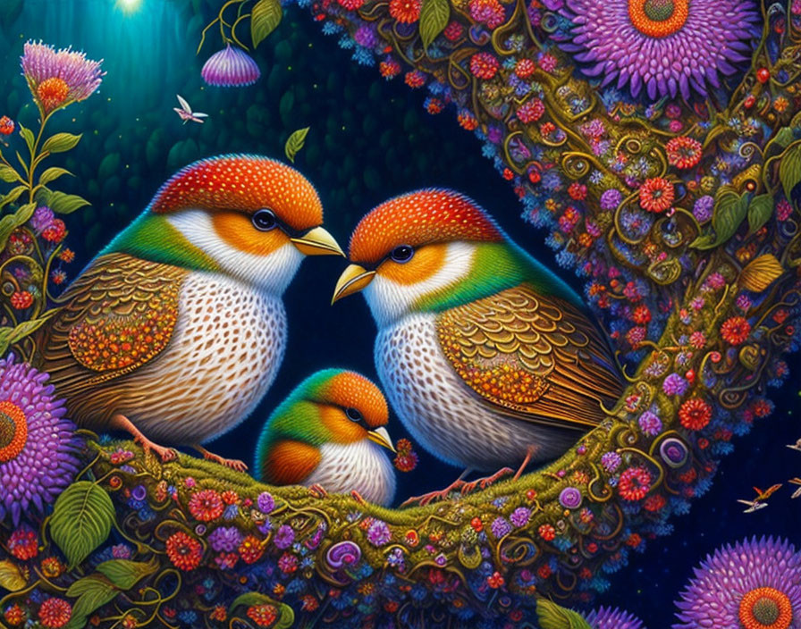 Colorful Birds with Intricate Feather Patterns Perched in Lush Fantasy Setting