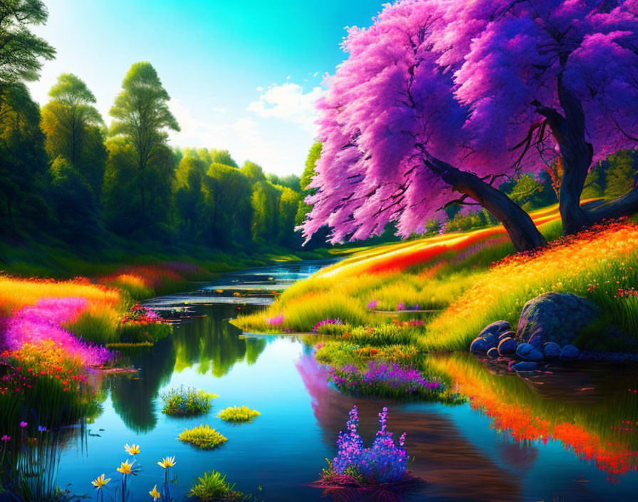 Colorful landscape with pink blossoming tree, river, and lush greenery