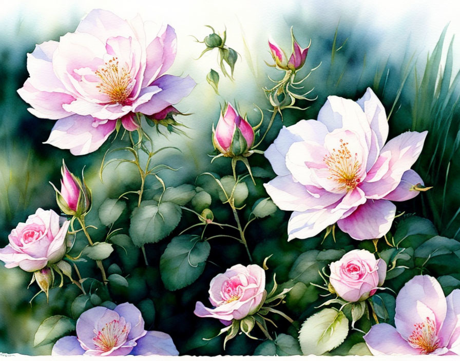 Delicate Pink Roses Watercolor Painting with Green Leaves