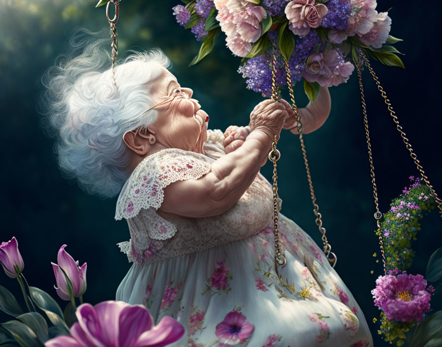 Elderly woman in floral dress swings joyfully in lush garden