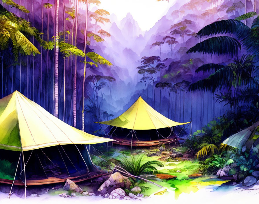 Forest campsite with yellow tents in serene mountain setting