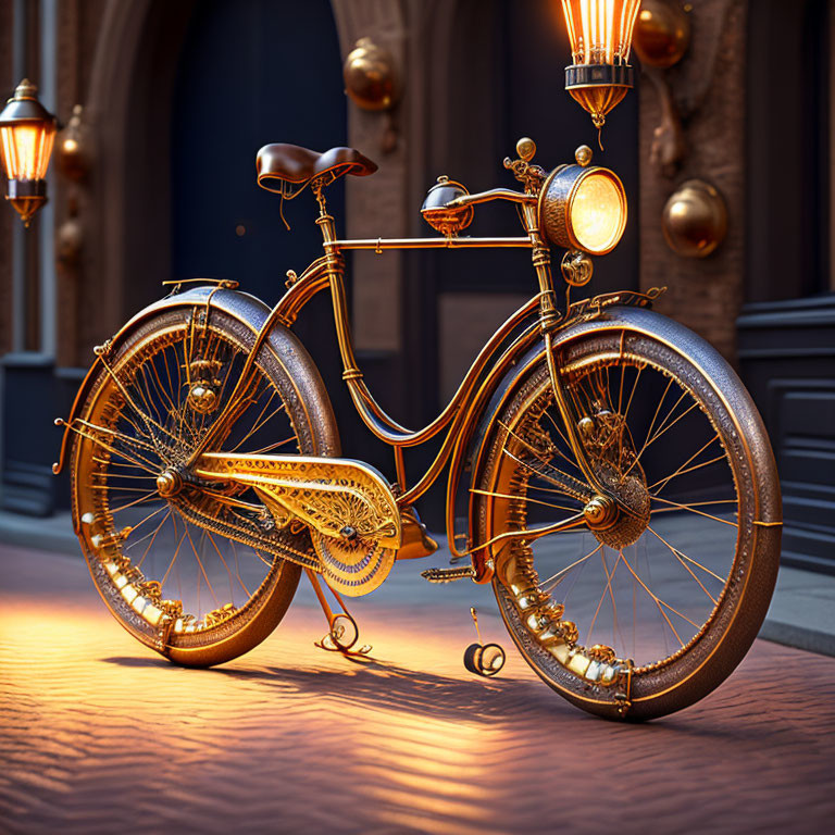 Steampunk-inspired bicycle with brass details parked on cobblestone street