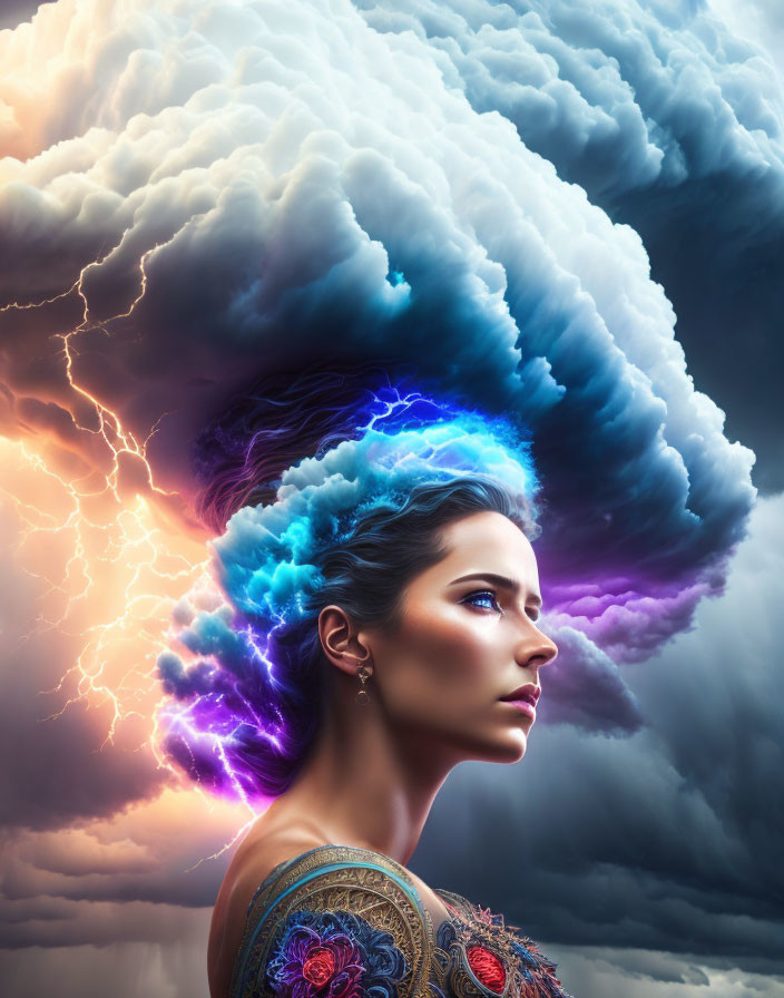 Woman's profile with storm cloud and lightning reflecting - symbolic image