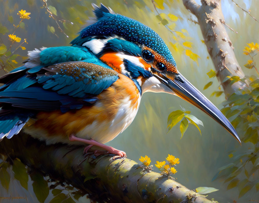 Colorful Common Kingfisher on Branch with Blue and Orange Plumage