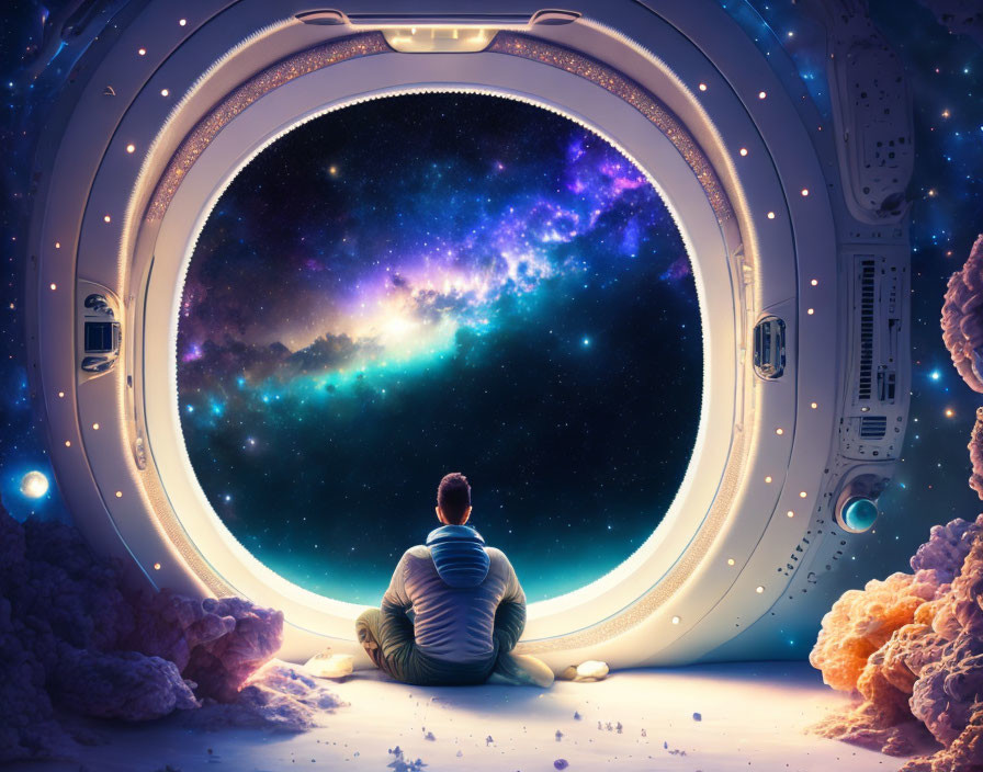 Person in spaceship observing vibrant cosmic scene with stars and nebulae.