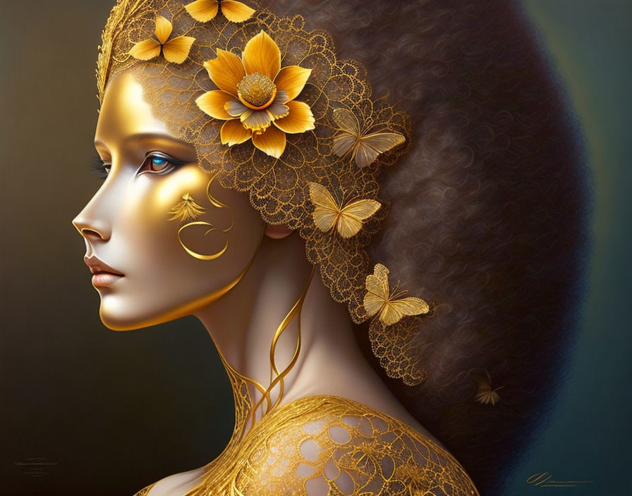 Profile of woman in digital artwork with golden floral hair and shoulder accessories.