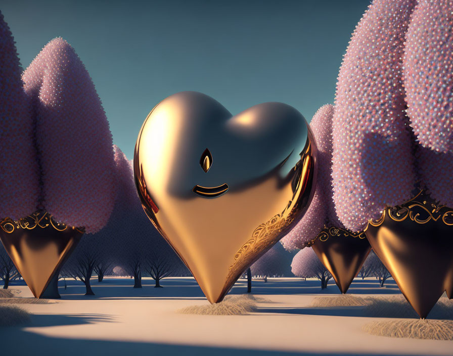 Golden heart-shaped sculpture with ornate detailing in serene winter setting