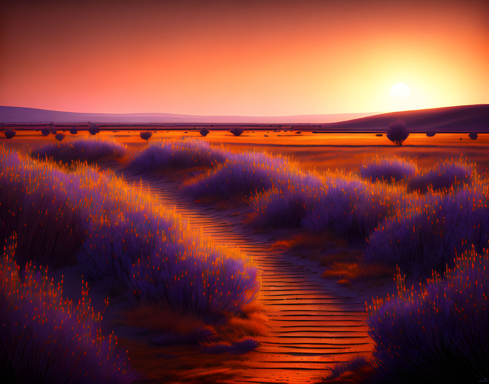 Colorful Sunset Over Wooden Walkway and Purple Vegetation