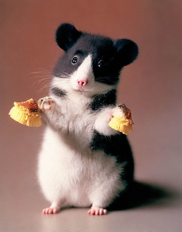 Skunk Holding Yellow Flowers Against Brown Background