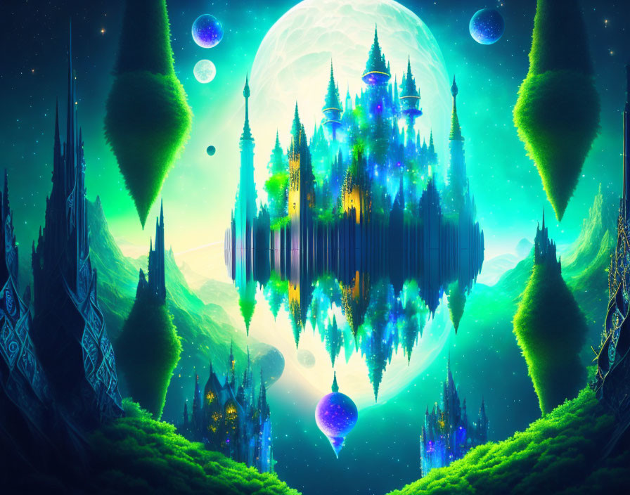 Fantasy landscape with floating island, magical castles, upside-down trees, moons