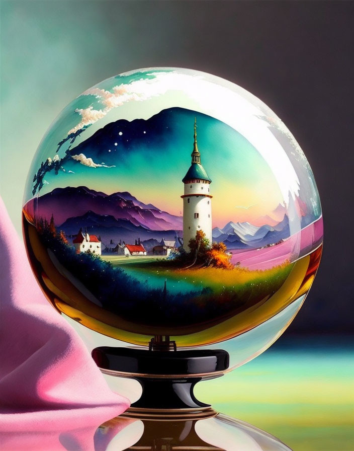 Vibrant village scene in crystal ball with church tower