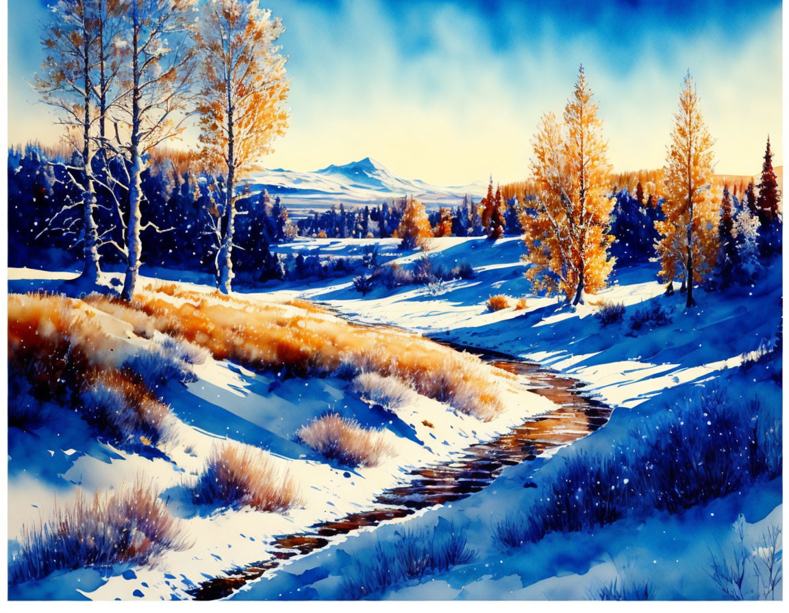 Snow-covered winter landscape with path, golden grass, and blue sky