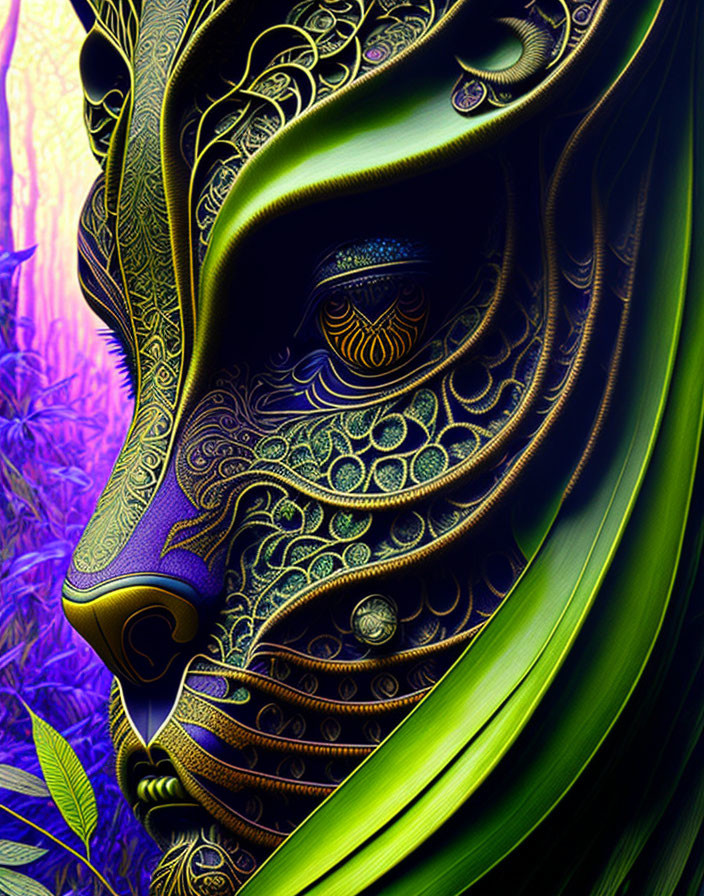 Detailed Leopard Face Artwork in Vivid Blue and Green Colors