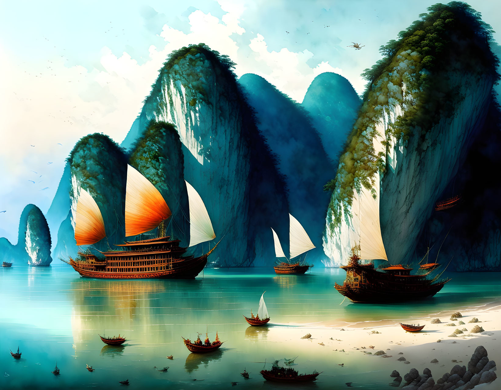 Tranquil bay scene with sailboats and karst mountains