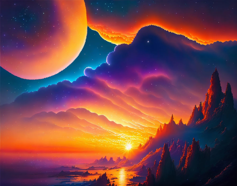 Colorful Digital Artwork: Surreal Sunset with Rising Planet, Ocean, and Mountains