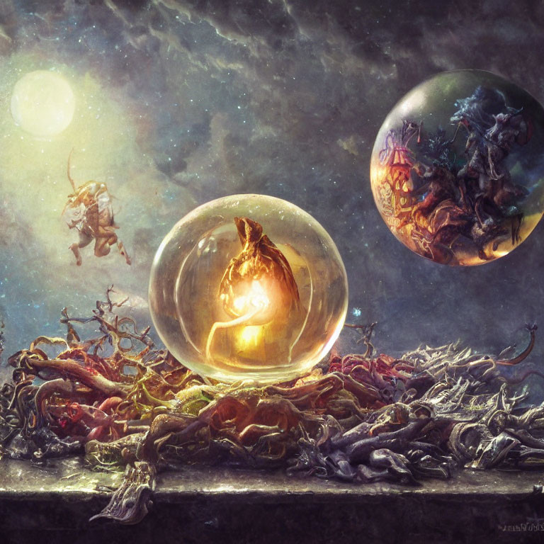 Fantastical glowing heart, leaping knight, ethereal backdrop, and vivid sphere with creatures.