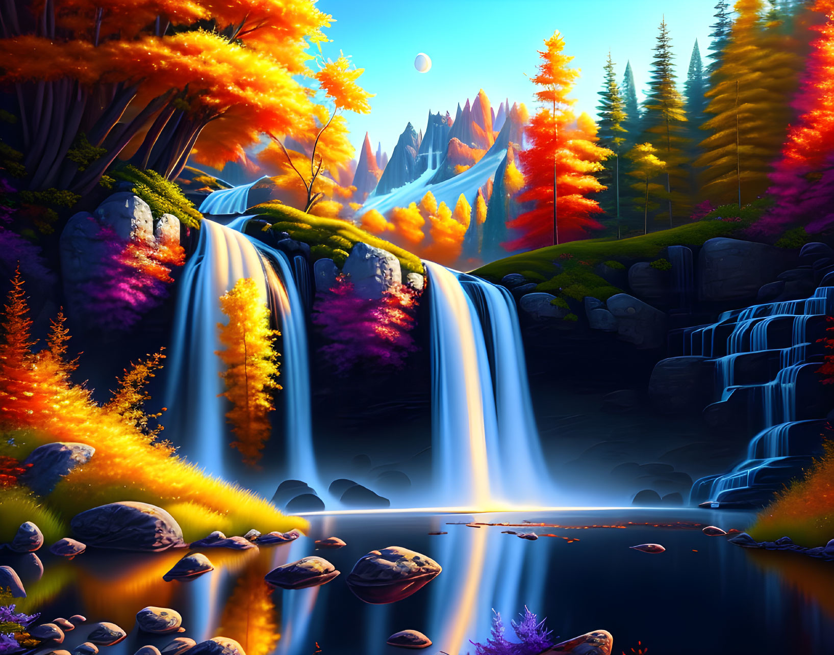 Digital artwork of autumn forest waterfall and lake at twilight