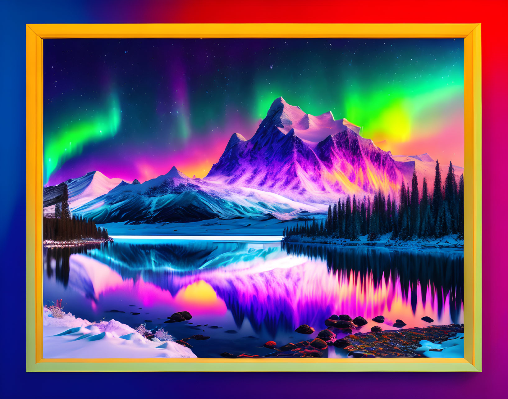 Aurora Borealis over Snowy Mountain Peaks and Tranquil Lake