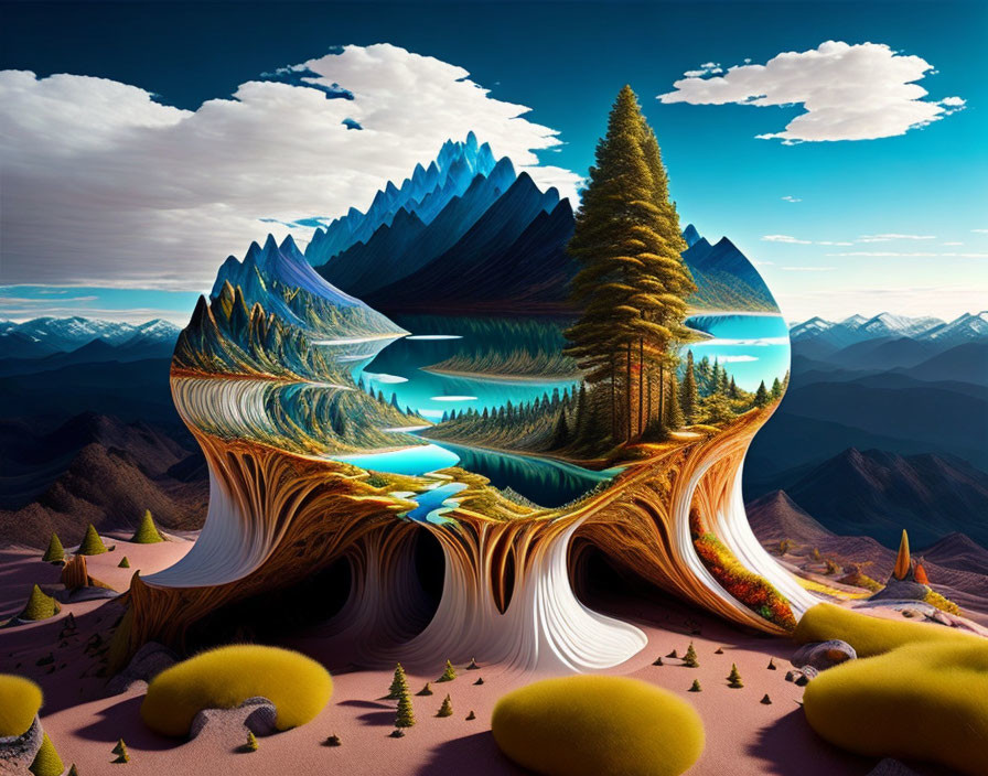 Vibrant surreal landscape with central tree and flowing rivers