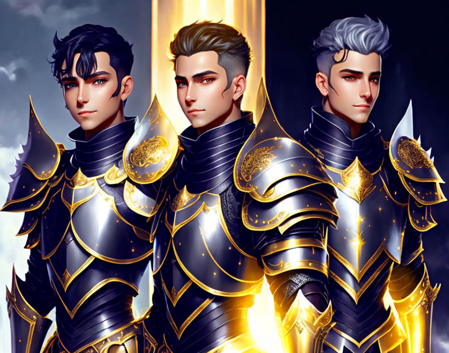 Three stylized male knights in intricate dark armor with golden trim and unique hairstyles on a night sky backdrop