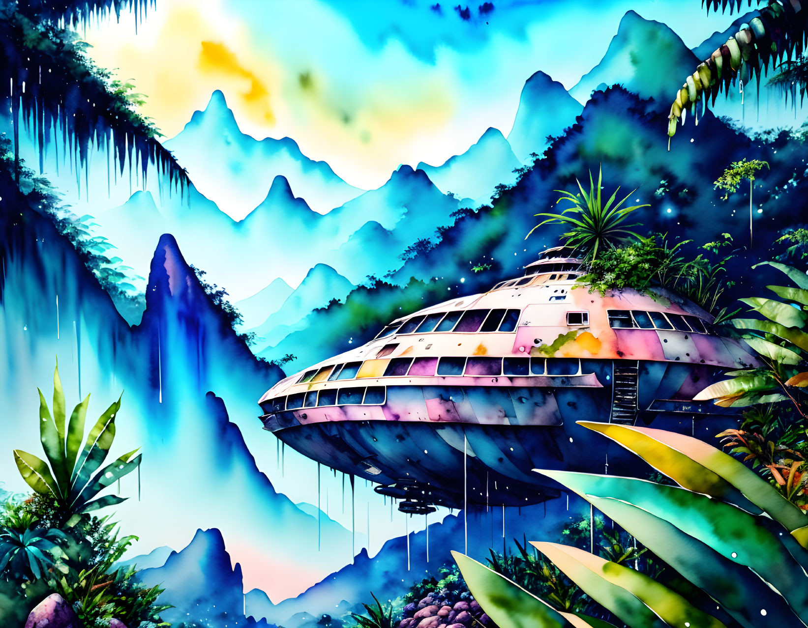 Futuristic dome in lush alien jungle with mountains & waterfalls