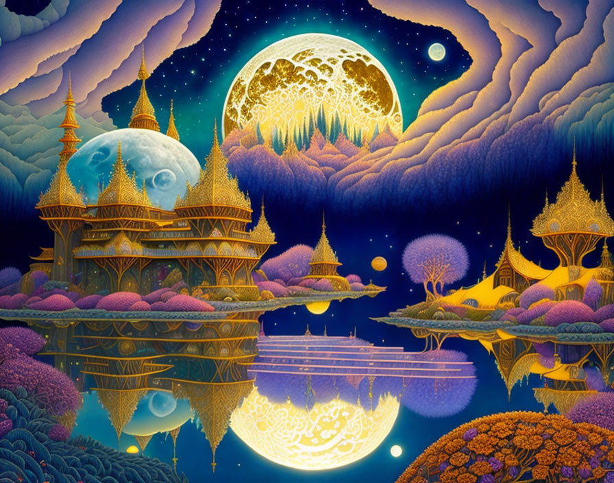 Vibrant fantasy landscape: golden temples, purple foliage, reflective water, detailed moon