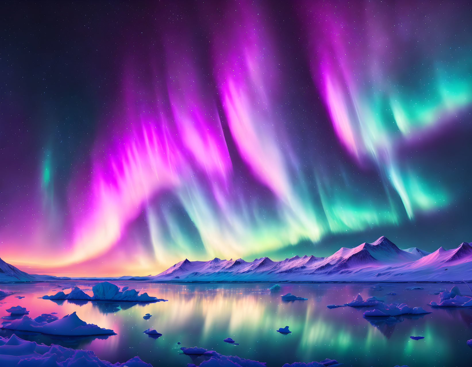 Colorful aurora borealis over snowy mountains, reflected in calm water under starry sky