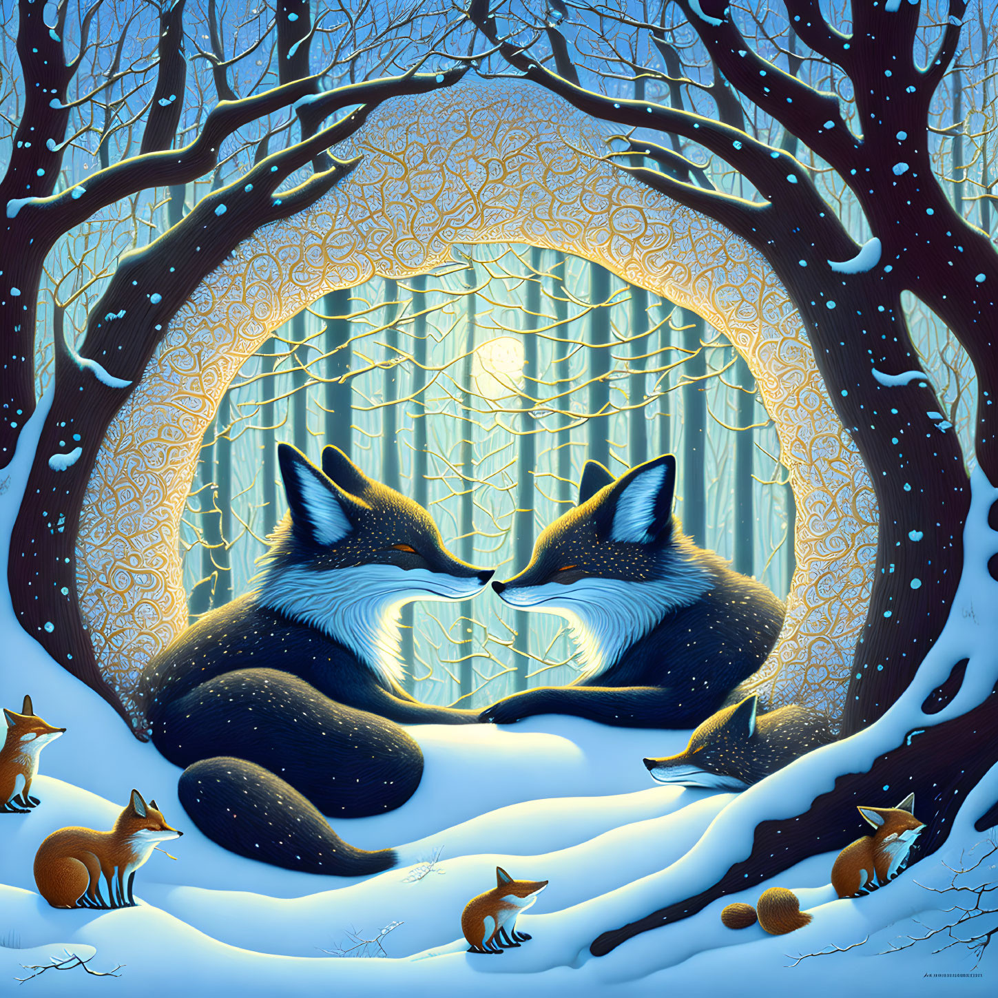 Stylized foxes in heart shape with winter forest background