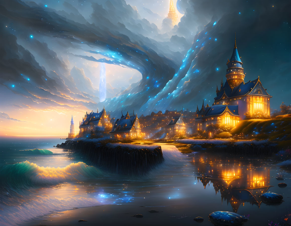 Enchanting coastal village at dusk with glowing buildings and starry sky