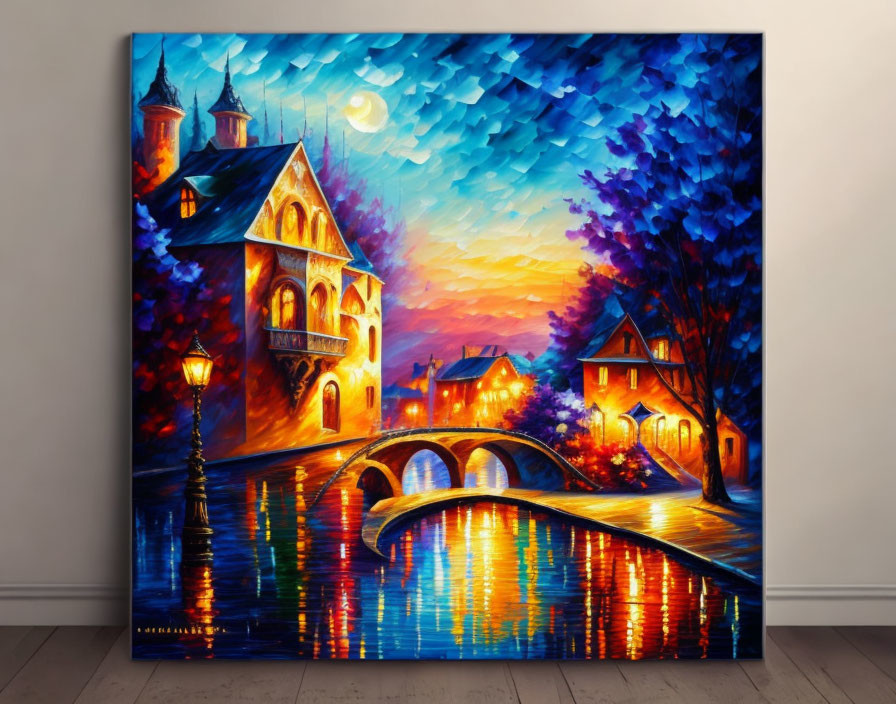 Night scene painting of quaint town with moonlit river, bridge, colorful buildings, cobblestone street