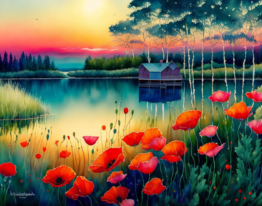 Tranquil lakeside sunset with red poppies, pastel skies, and small pier house