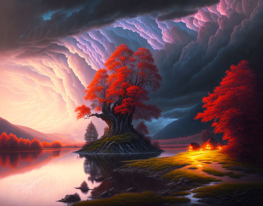 Vibrant landscape with lone red tree, glowing tents by lake under stormy sky