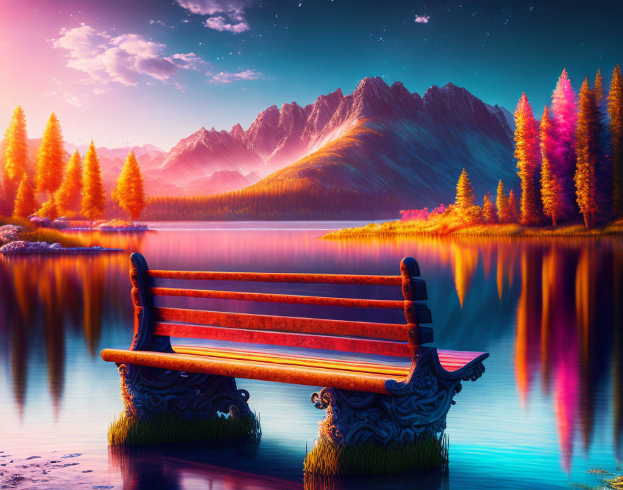 Colorful Lakeside Bench Art with Mountains and Starry Sky