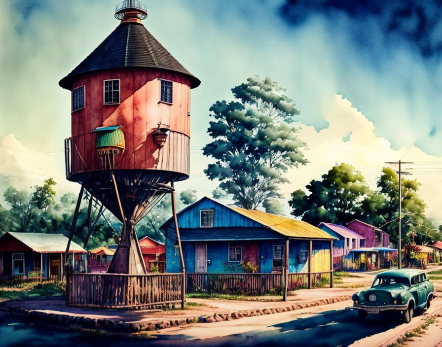 Colorful Vintage Water Tower in Quaint Street Scene