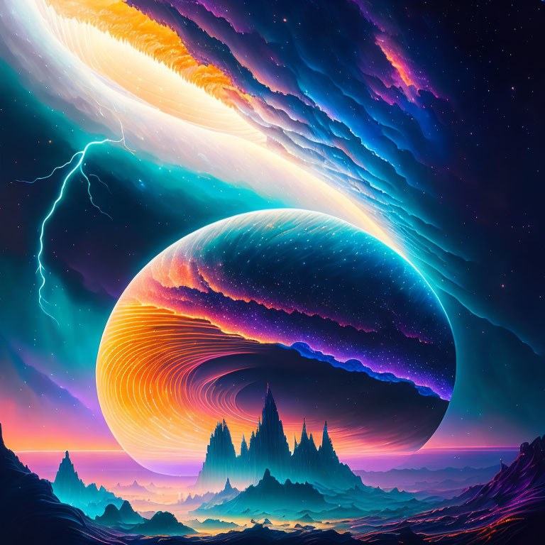 Colorful sci-fi landscape with giant planet, nebulae, lightning, and silhouetted