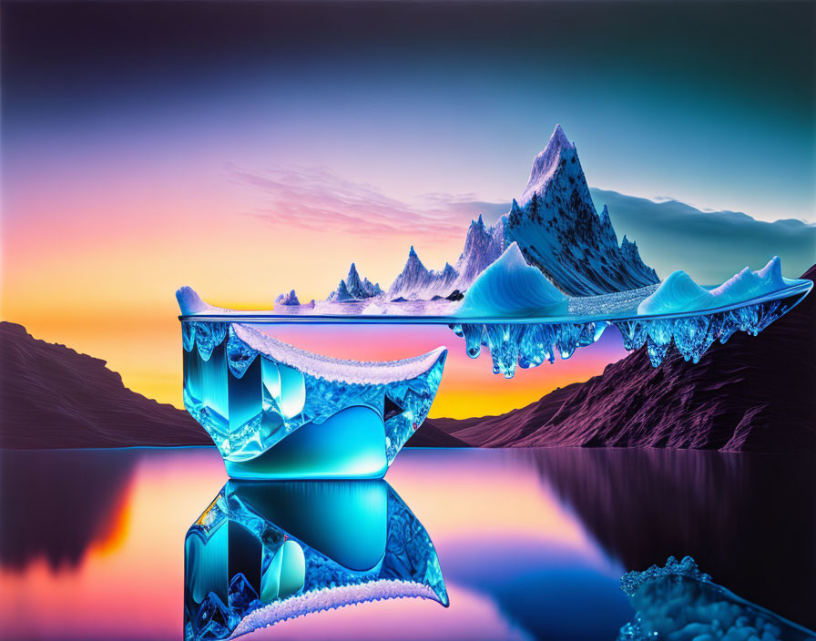 Icy Mountains Reflecting in Vibrant Dusk Sky