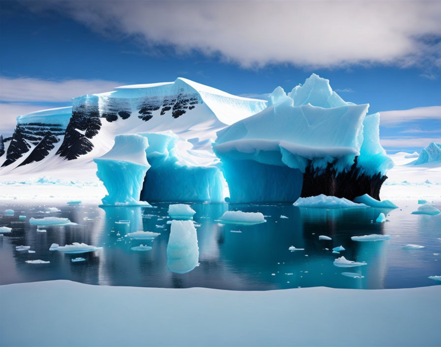 Tranquil Arctic landscape with blue icebergs and snowy peaks