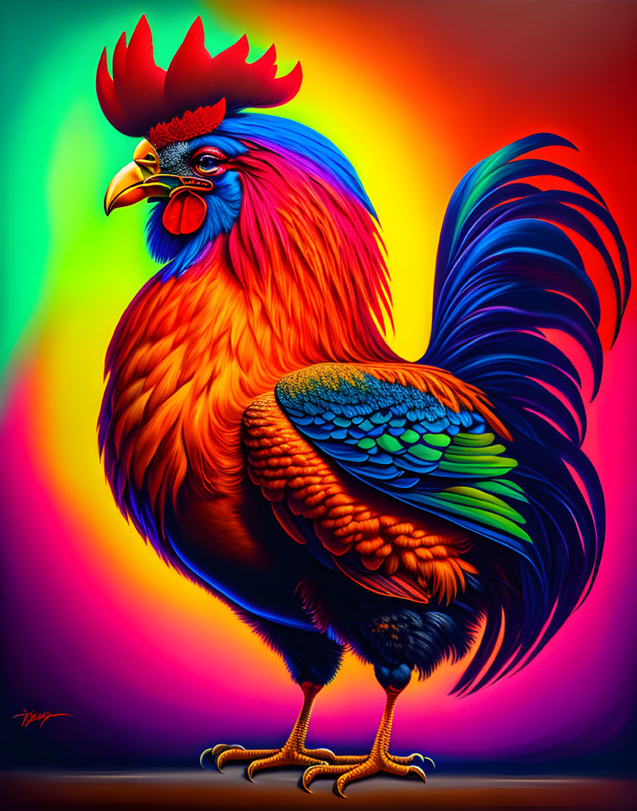 Colorful Rooster Artwork with Red Crest and Rainbow Background