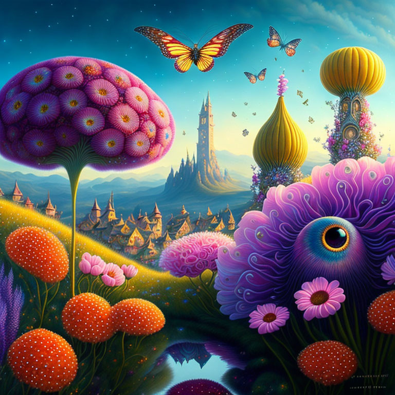 Colorful Fantasy Landscape with Castle, Flowers, Mushrooms, and Butterflies