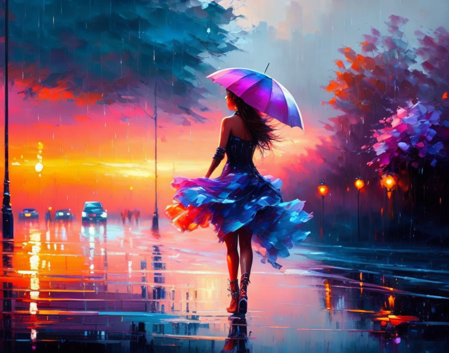 Woman with Umbrella Walking on Rain-Soaked Street at Twilight