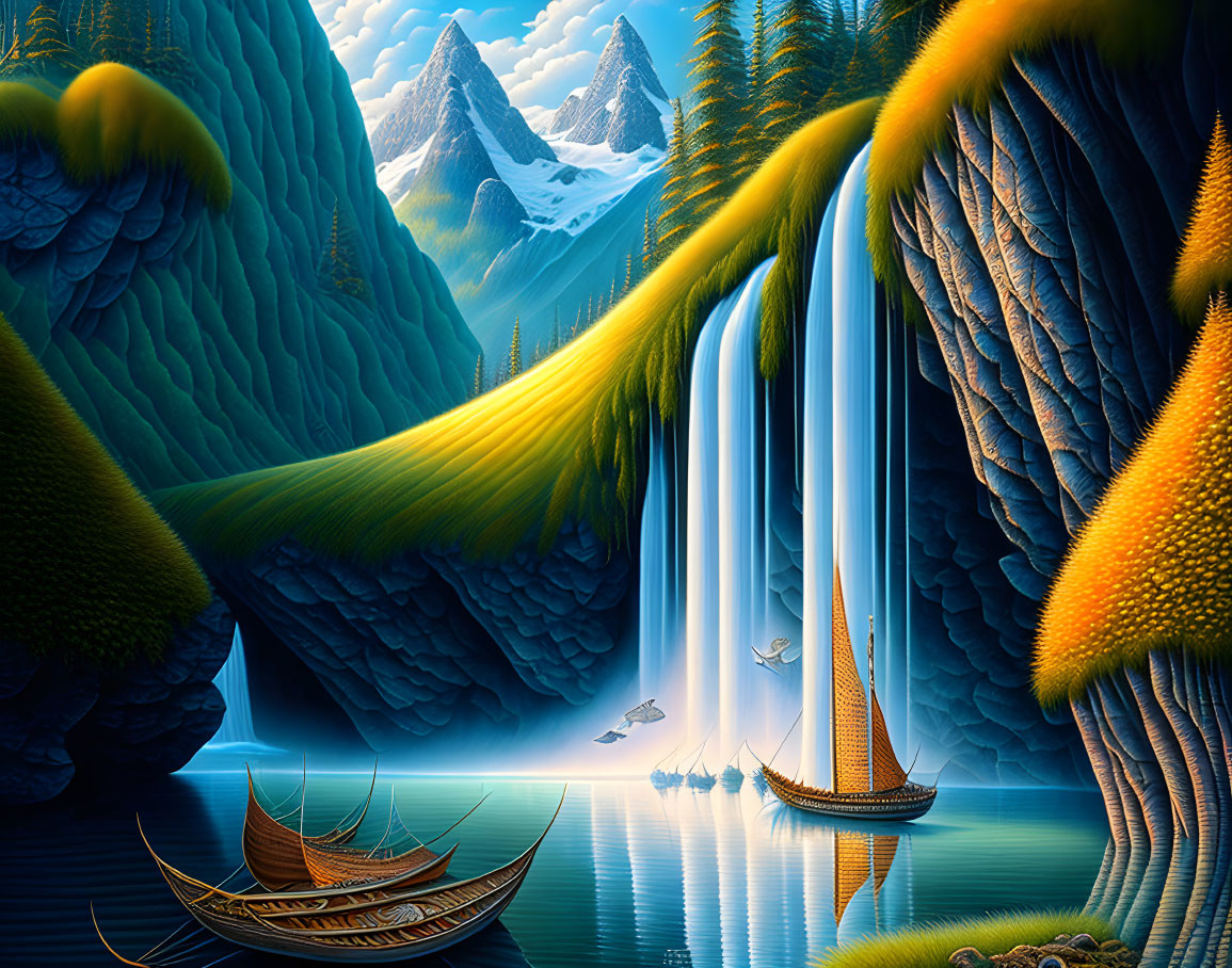 Mossy cliffs, double waterfall, serene lake in fantastical landscape