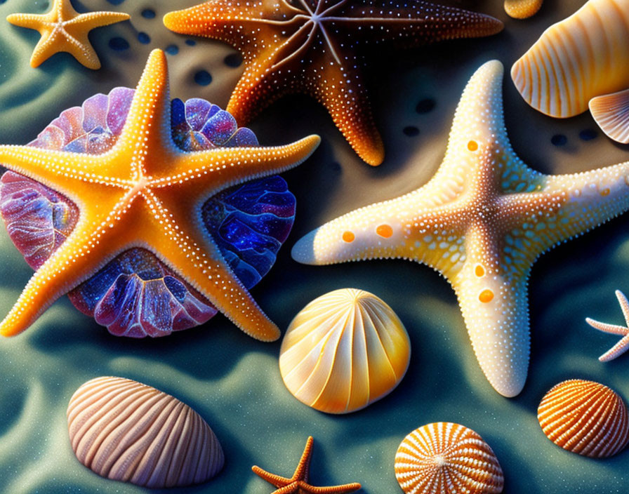 Colorful Sea Stars and Shells on Sandy Seabed with Shadows