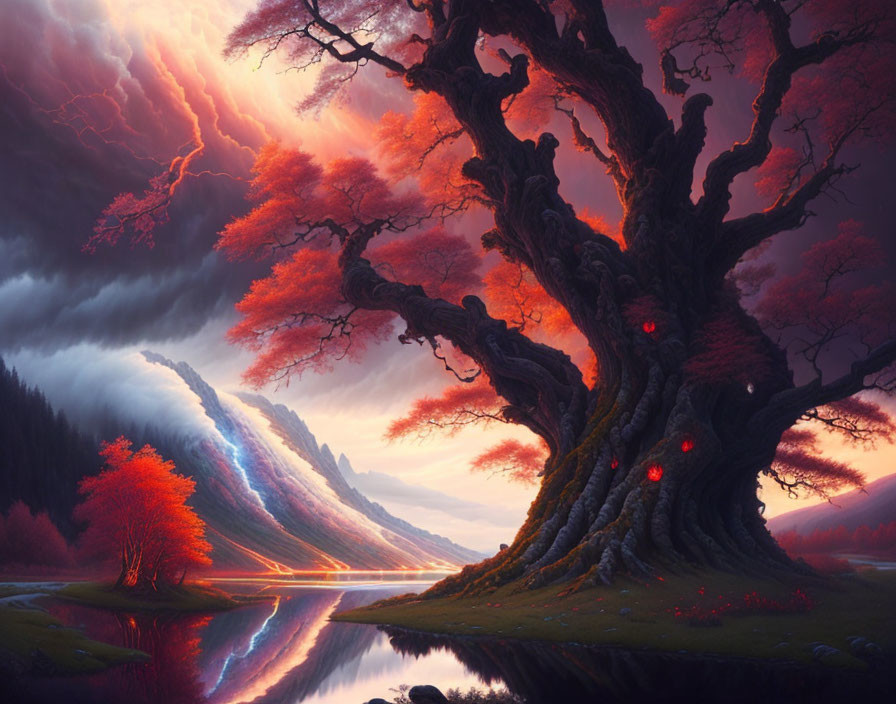 Ancient tree with glowing red cavities beside river under dramatic sky