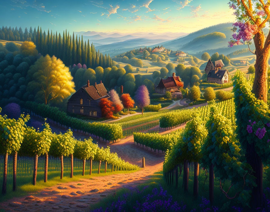 Tranquil countryside landscape with vineyards, rolling hills, lush trees, and blooming purple tree