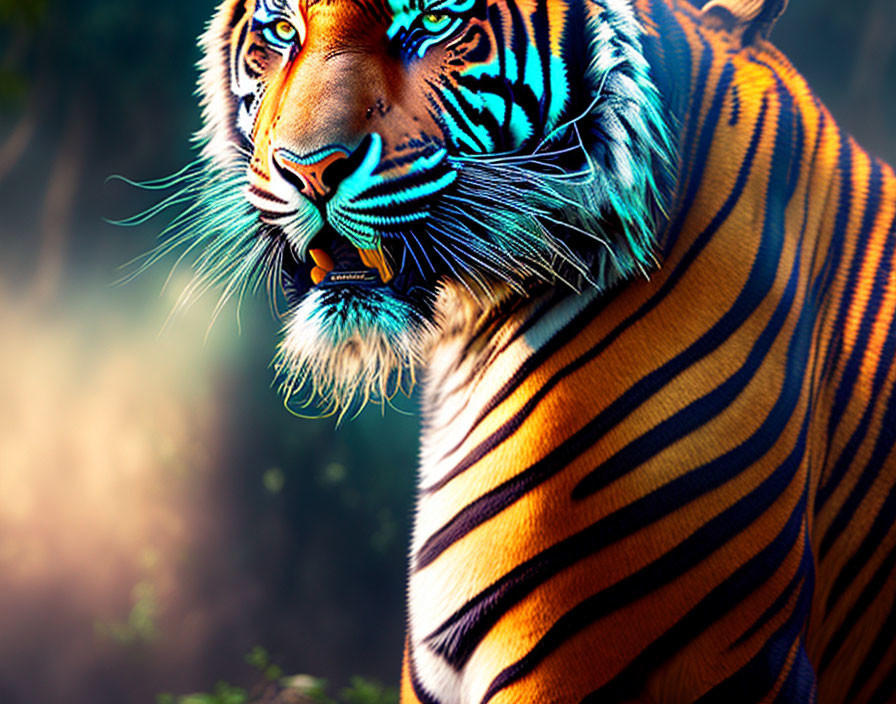 Detailed close-up of a tiger with blue facial markings in natural setting