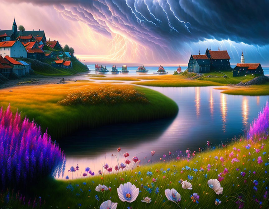 Colorful Village Landscape with River, Flora, and Storm