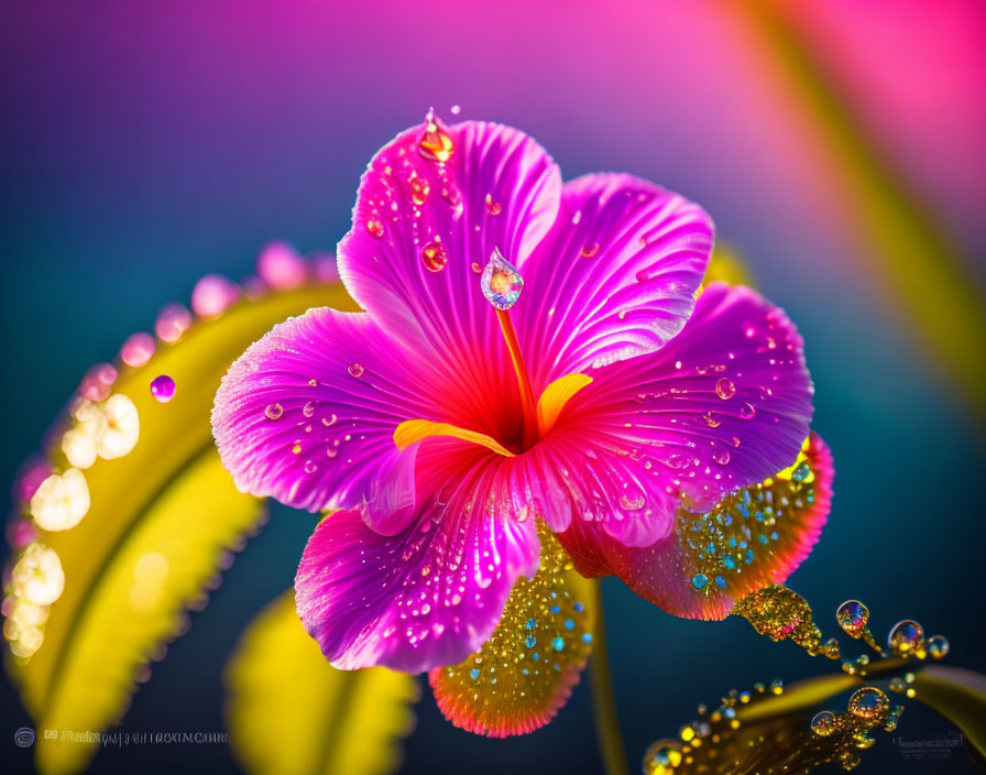 Vibrant pink hibiscus flower with water droplets on petals against multicolored background